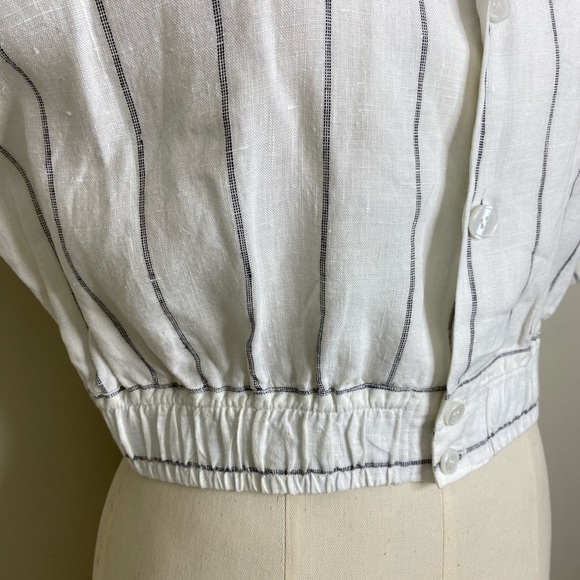VINTAGE DAVID MICHAELS 100%LINEN WHITE/ BLACK PINSTRIPE BUTTON DOWN CROP BLOUSE - Picture 7 of 13